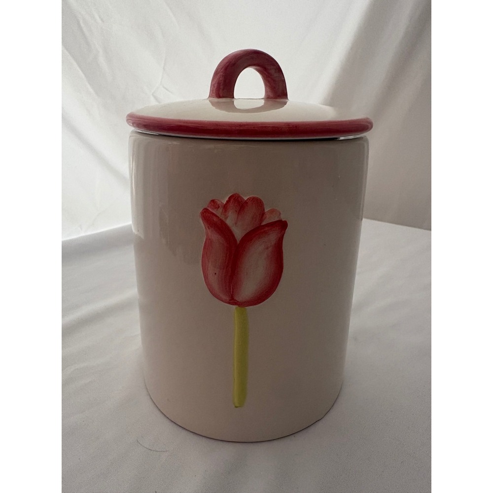 PAI Ceramic Red Tulip Canister with Lid Hand Painted Floral Kitchen Jar 7in